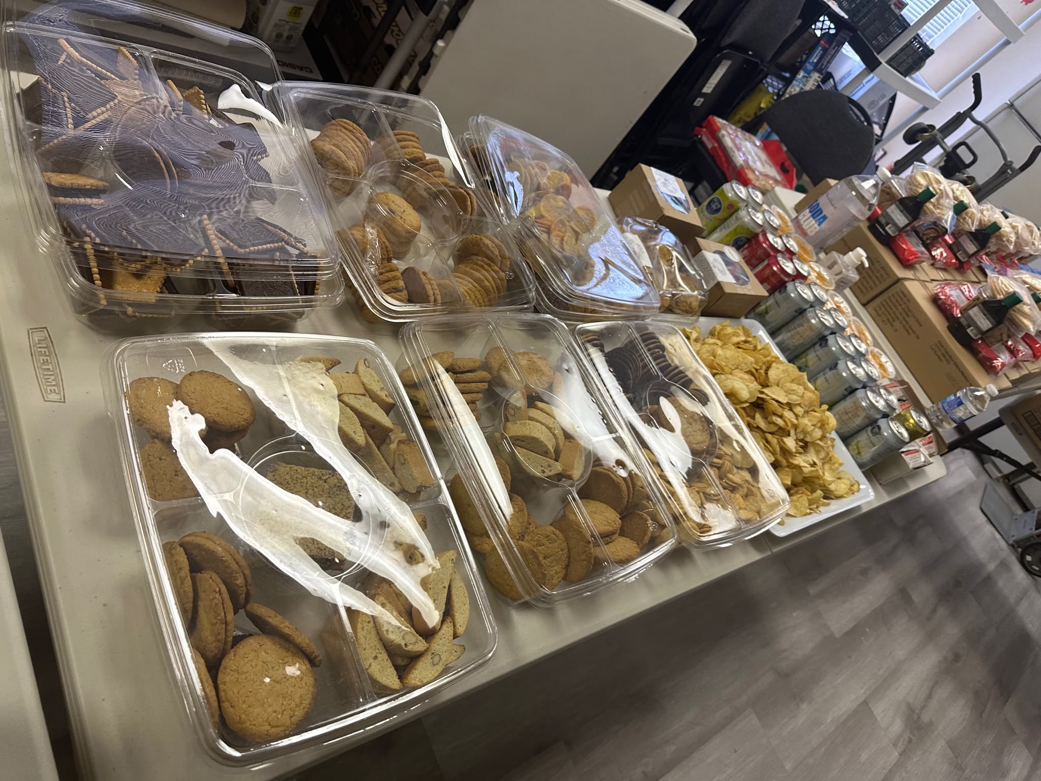 Platters of baked goods and treats set out for community social